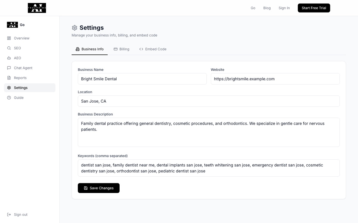 Business settings and embed code
